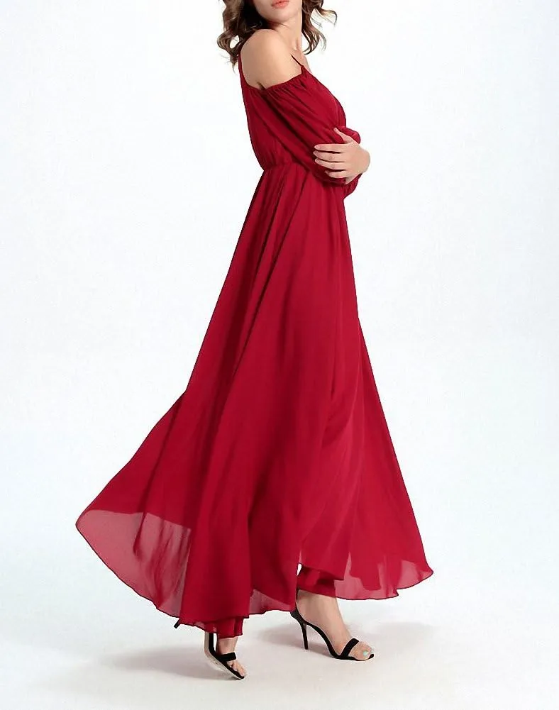 Afibi Womens Off Shoulder Long Chiffon Casual Dress Maxi Evening Dress