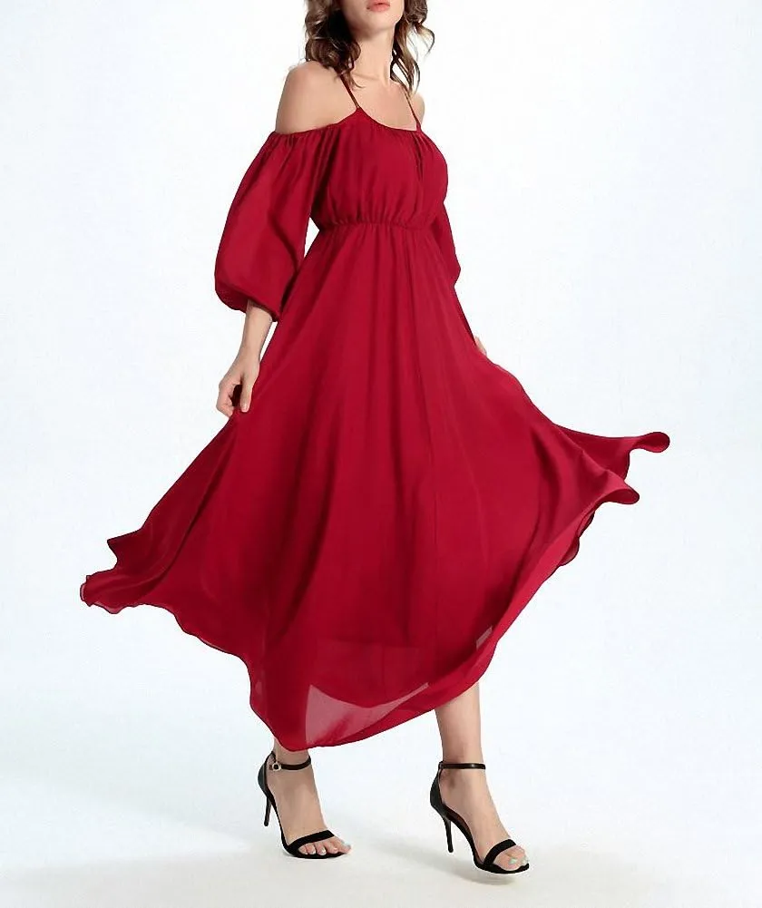 Afibi Womens Off Shoulder Long Chiffon Casual Dress Maxi Evening Dress