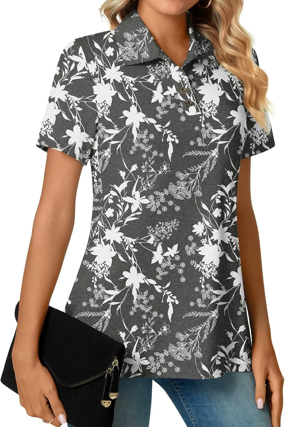 Aodemo Women's Summer Polo Shirts Dressy Button Up Collared Tunic Short Sleeve Work Tops V Neck Loose Blouses