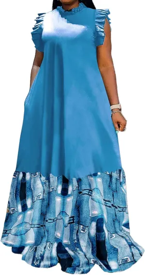 Casual Plus Size Maxi Dress for Women Sleeveless Crewneck Loose A Line Long Dress with Pockets