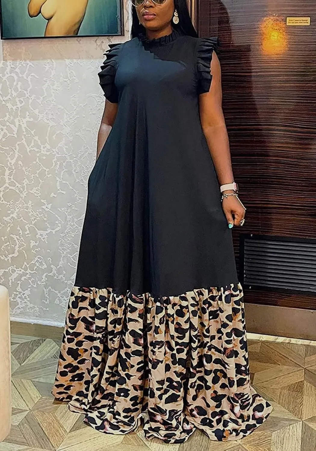 Casual Plus Size Maxi Dress for Women Sleeveless Crewneck Loose A Line Long Dress with Pockets