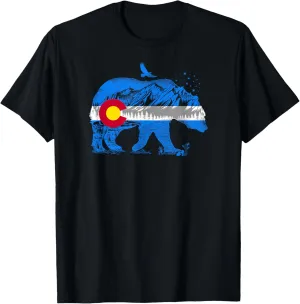 Colorado Flag Design Mountains and Bear Landscape Graphic T-Shirt
