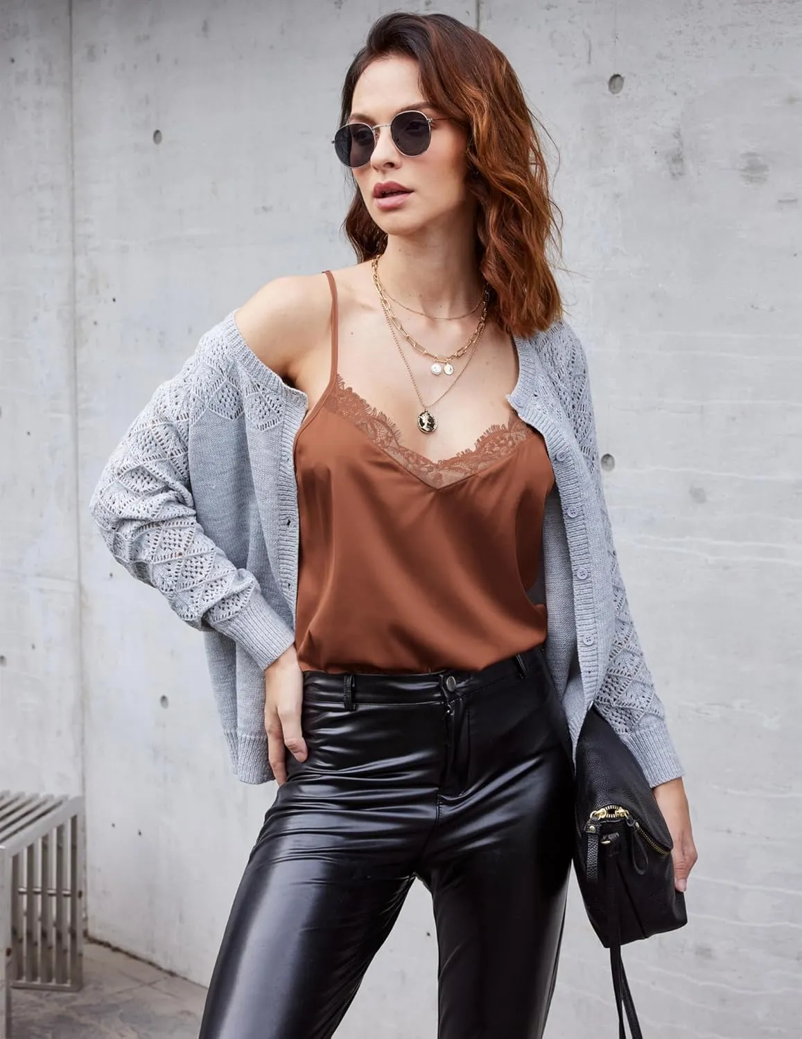 Ekouaer Women's 2 PCS Cami Top Satin Tank Top Adjustable Spaghetti Strap Camisole