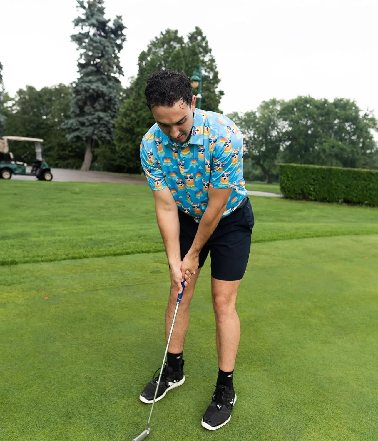 Fun Golf Shirts for Men- Mens Performance Dry-Fit Golf Polo  UPF 50  Sun Protection Funny Hawaiian Print Short Sleeve Shirt