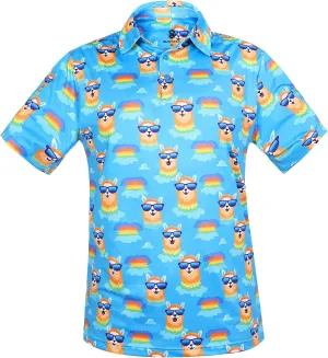 Fun Golf Shirts for Men- Mens Performance Dry-Fit Golf Polo  UPF 50  Sun Protection Funny Hawaiian Print Short Sleeve Shirt