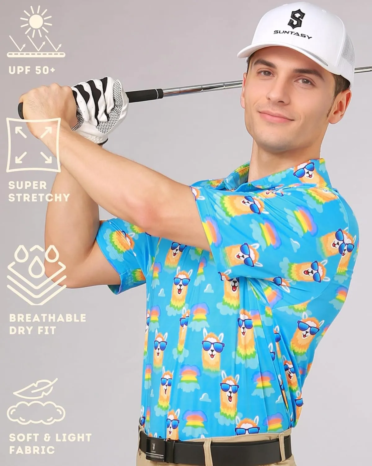 Fun Golf Shirts for Men- Mens Performance Dry-Fit Golf Polo  UPF 50  Sun Protection Funny Hawaiian Print Short Sleeve Shirt