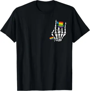 Gay Pride Skeleton Rock Hand Pocket Lgbt Rainbow Men Women T-Shirt