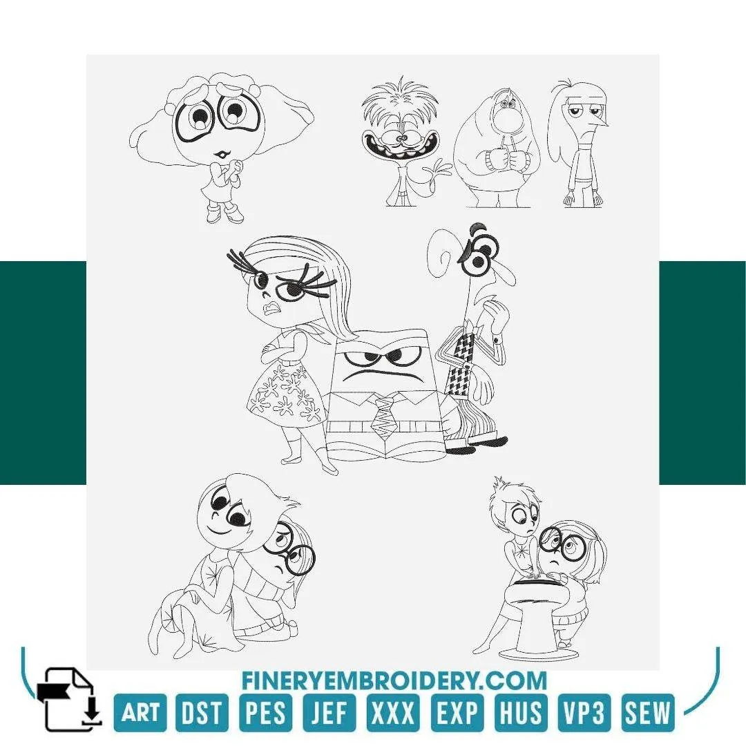Inside Out Emotions Embroidery Design Pack – 12 Designs - 4 Sizes   | FineryEmbroidery