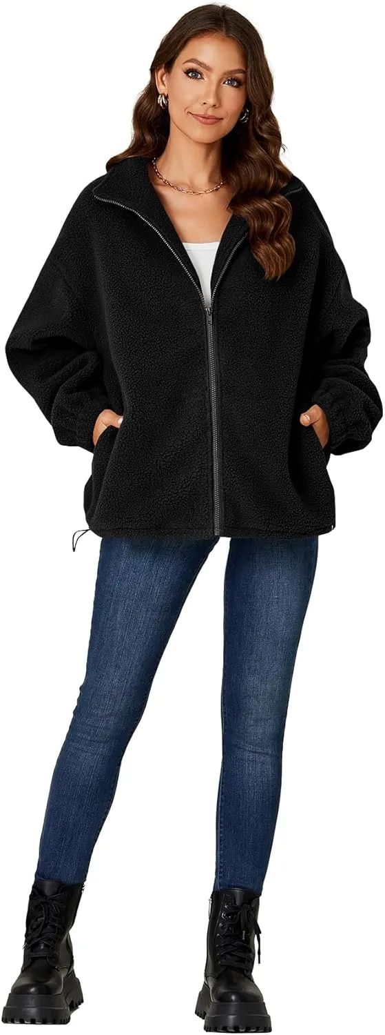LYANER Women's Full Zip Fleece Lapel Long Sleeve Fuzzy Sherpa Jacket Warm Teddy Coat with Pockets