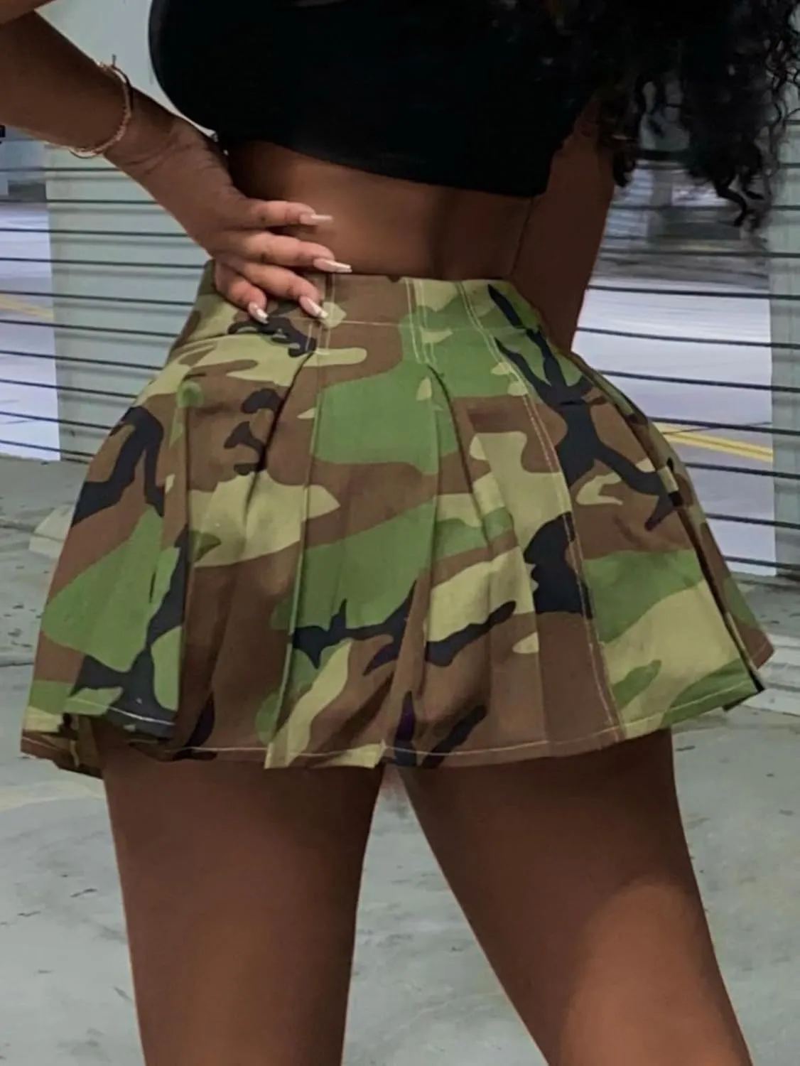 MakeMeChic Women's Camo Print Mini Flared A Line Pleated Short Skater Skirt