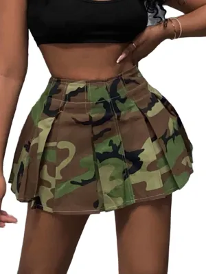 MakeMeChic Women's Camo Print Mini Flared A Line Pleated Short Skater Skirt