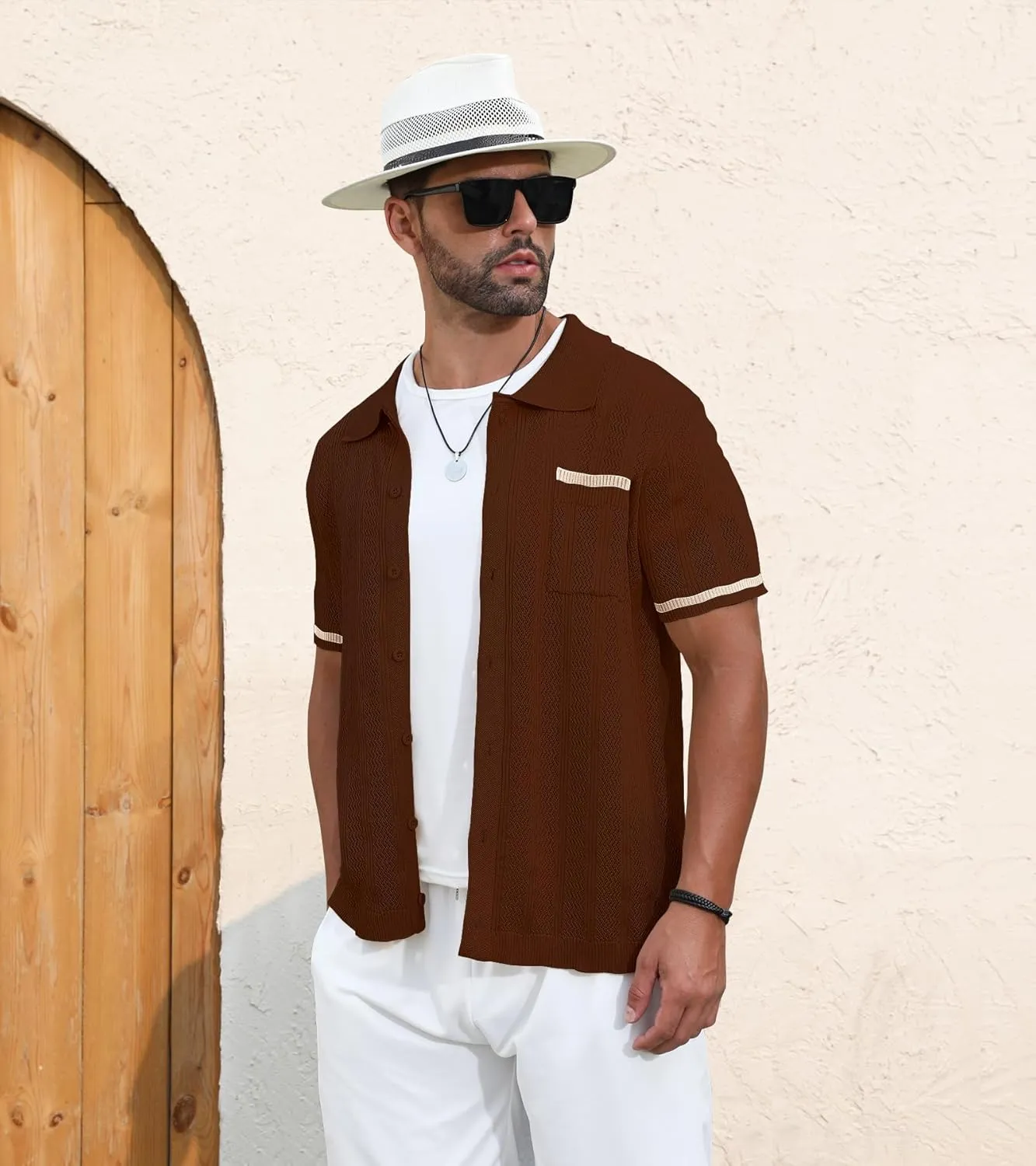 PEGENO Men's Short Sleeve Knit Shirts Button Down Shirt Vintage Casual Polo Shirt Tops