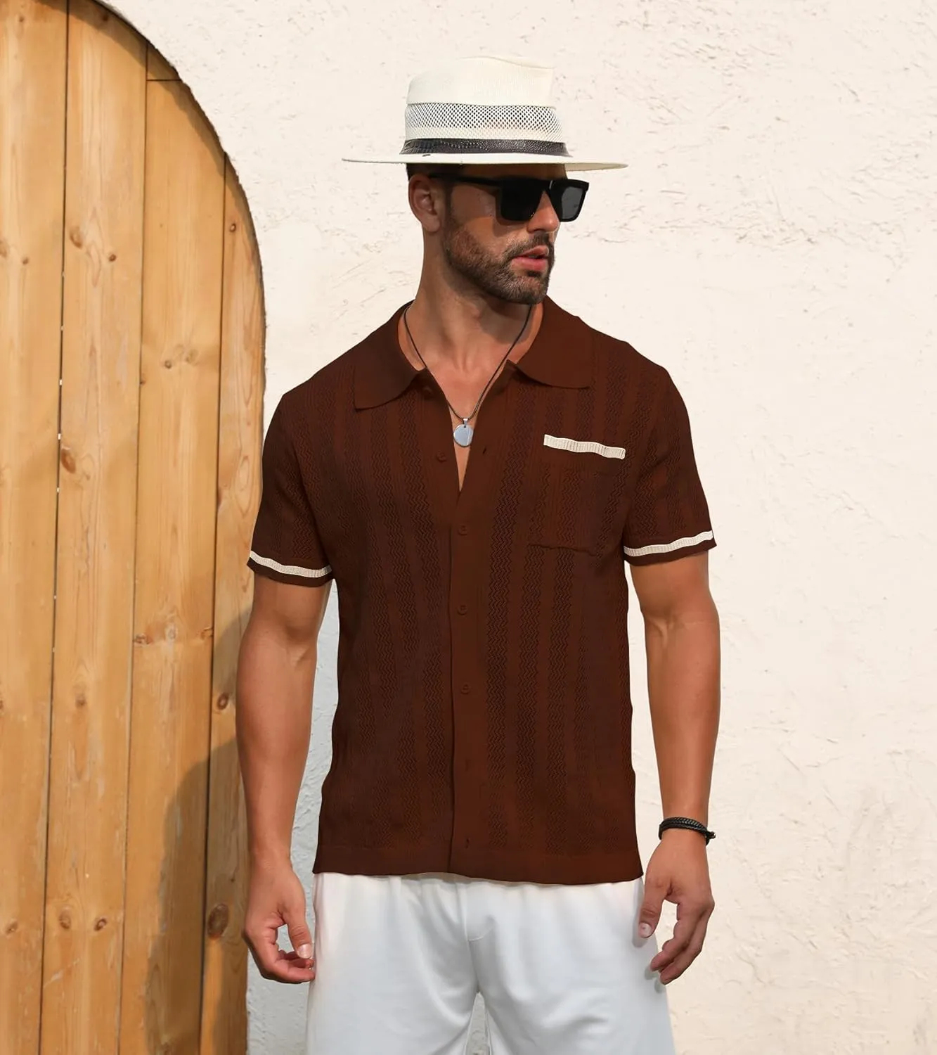 PEGENO Men's Short Sleeve Knit Shirts Button Down Shirt Vintage Casual Polo Shirt Tops