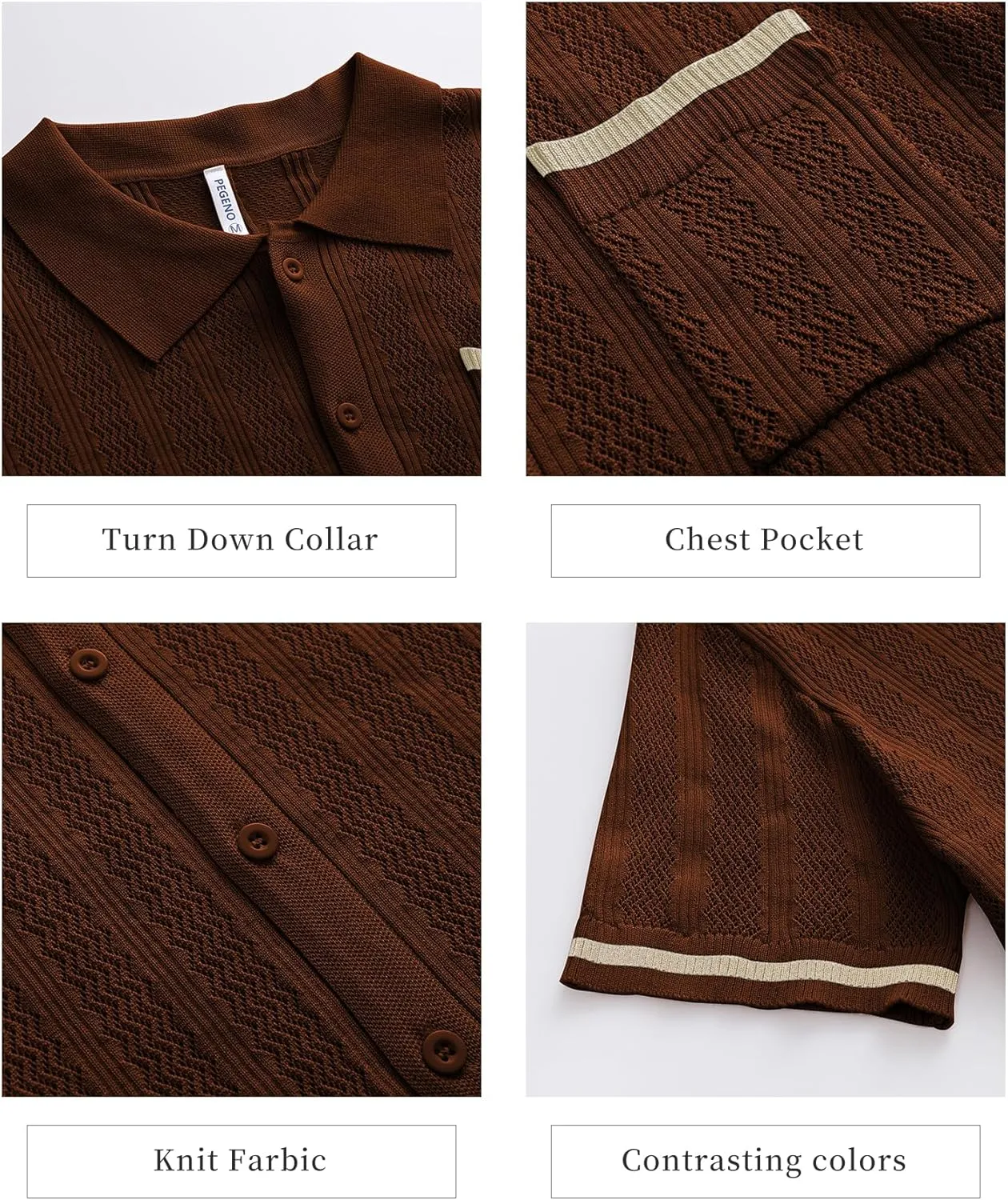 PEGENO Men's Short Sleeve Knit Shirts Button Down Shirt Vintage Casual Polo Shirt Tops