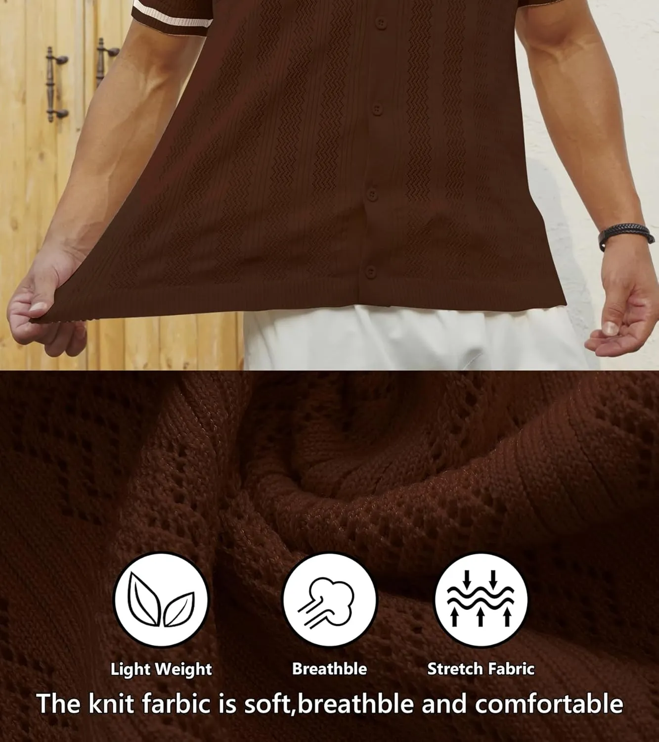 PEGENO Men's Short Sleeve Knit Shirts Button Down Shirt Vintage Casual Polo Shirt Tops