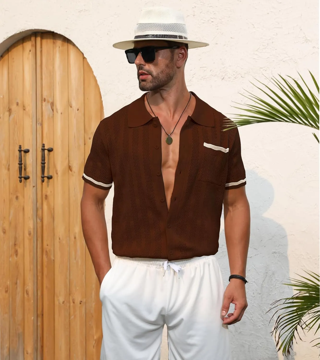 PEGENO Men's Short Sleeve Knit Shirts Button Down Shirt Vintage Casual Polo Shirt Tops