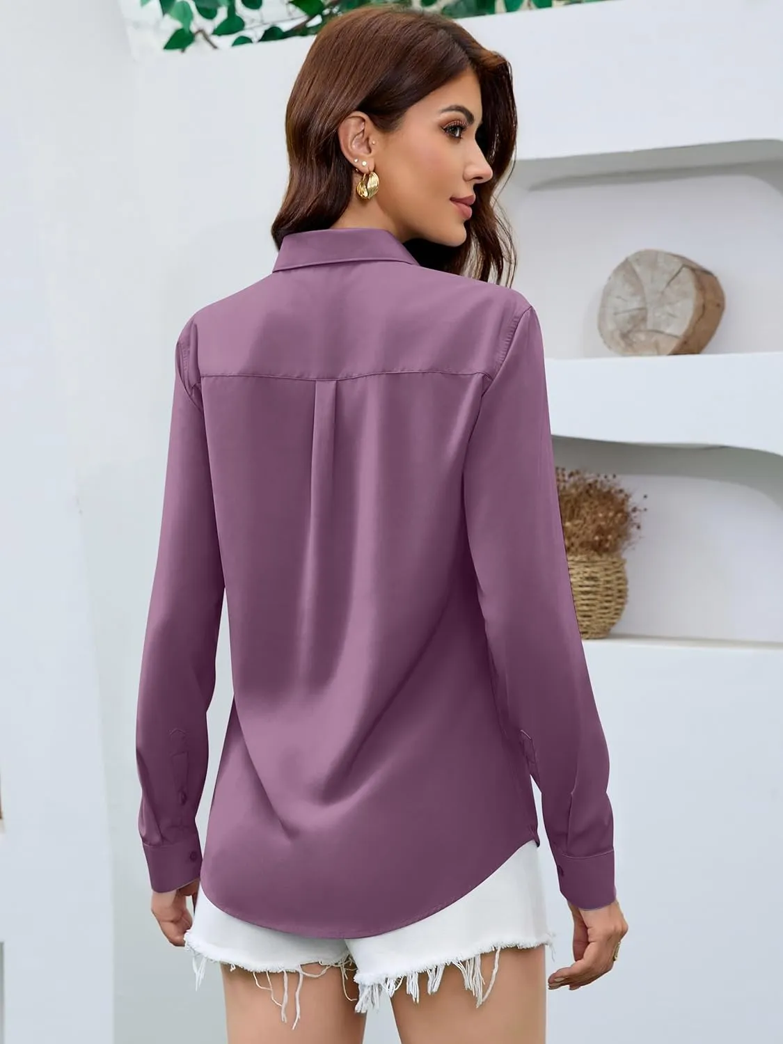 Premium Soft Breathable Satin Silk Button Down Shirts for Women Long Sleeve Blouses Work Dress Casual Tops