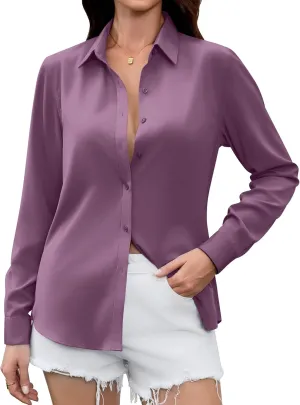 Premium Soft Breathable Satin Silk Button Down Shirts for Women Long Sleeve Blouses Work Dress Casual Tops