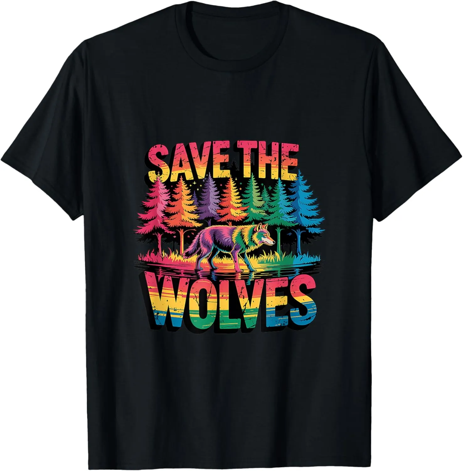 Save the Wolves Rainbow Forest Art Wildlife Conservation T-Shirt