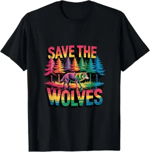 Save the Wolves Rainbow Forest Art Wildlife Conservation T-Shirt