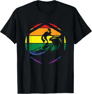 Surfing Surfer Catching A Pacific Ocean Wave On LGBT Rainbow T-Shirt