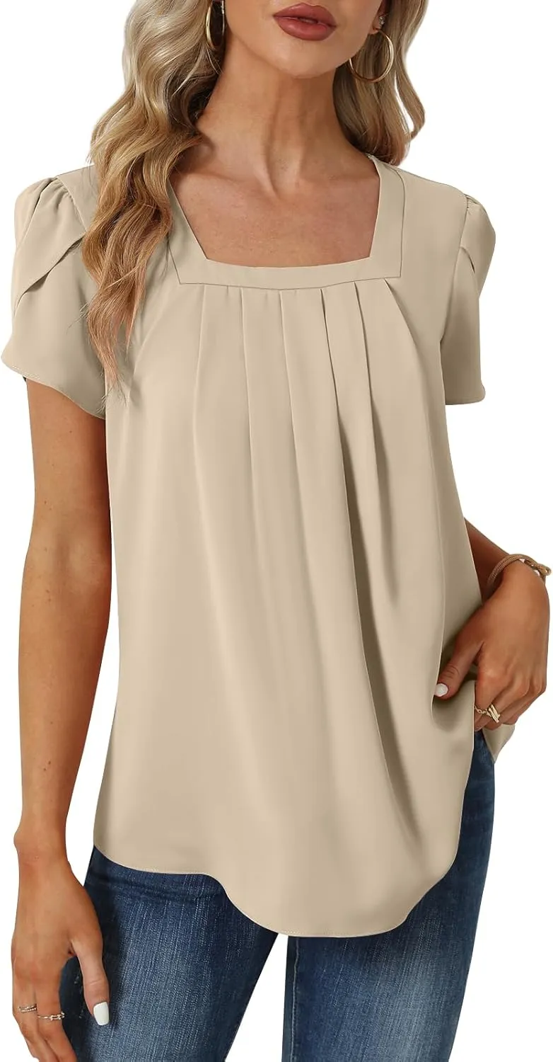 Womens Summer Tunic Tops Pleated Square Neck T Shirts Casual Petal Short Sleeve Blouses