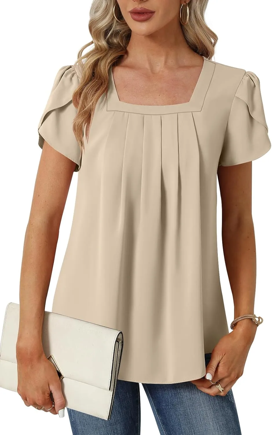 Womens Summer Tunic Tops Pleated Square Neck T Shirts Casual Petal Short Sleeve Blouses