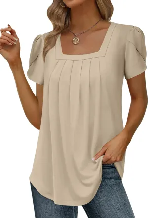 Womens Summer Tunic Tops Pleated Square Neck T Shirts Casual Petal Short Sleeve Blouses