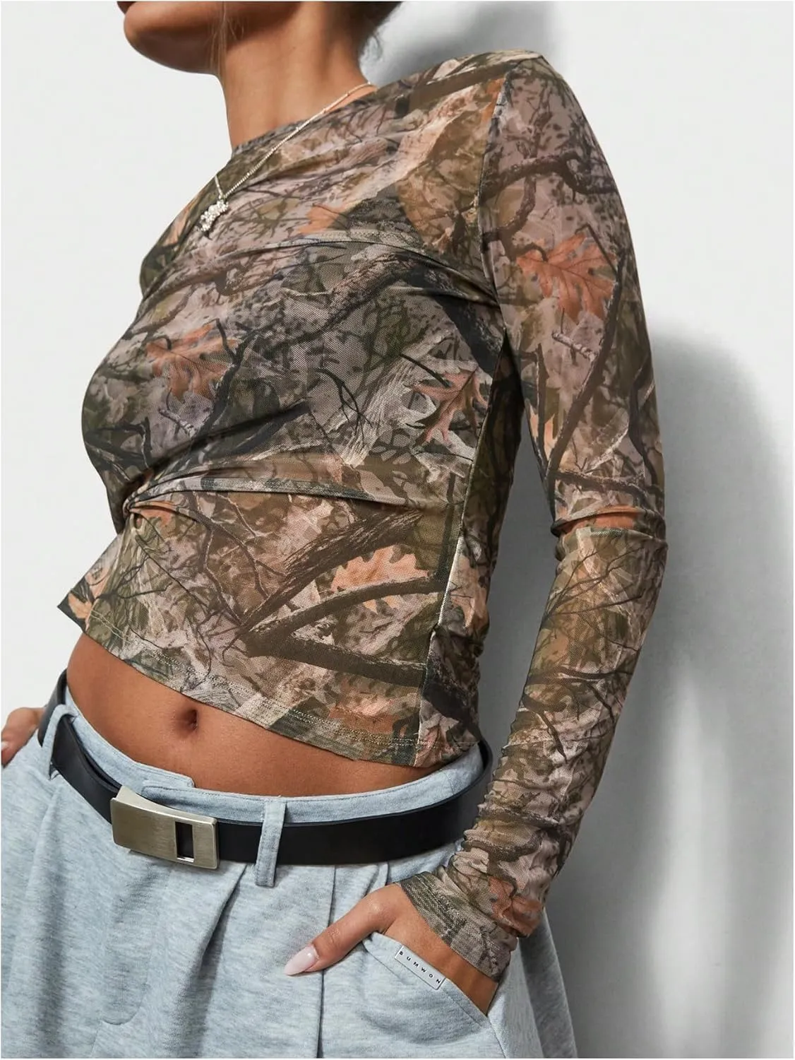 Women's Y2k Camo Print Crew Neck Crop Top Mesh Sheer Long Sleeve Fitted Tee Shirts