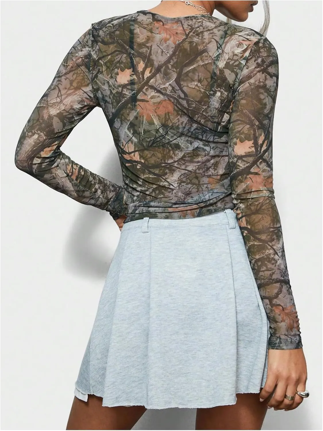 Women's Y2k Camo Print Crew Neck Crop Top Mesh Sheer Long Sleeve Fitted Tee Shirts