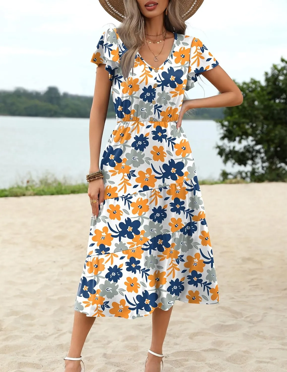 Zeagoo Women's Summer Casual Dress Flutter Short Sleeve V Neck Button Down Tiered Flowy Long Dress with Pockets