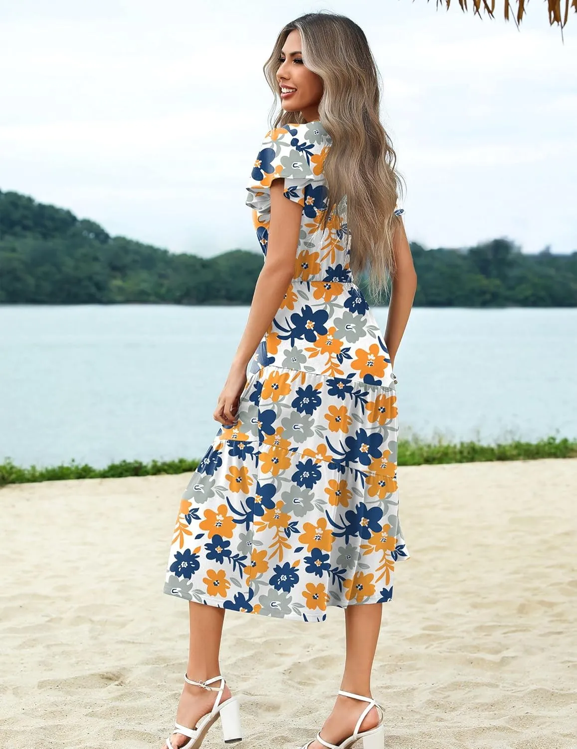 Zeagoo Women's Summer Casual Dress Flutter Short Sleeve V Neck Button Down Tiered Flowy Long Dress with Pockets
