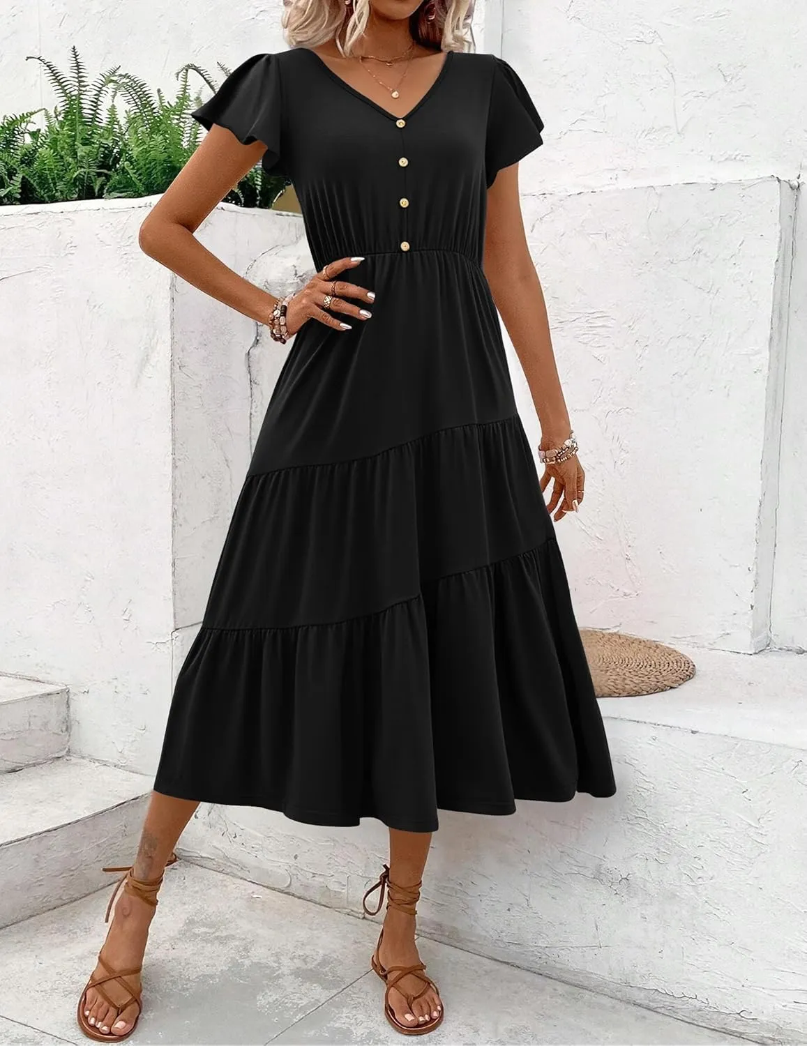 Zeagoo Women's Summer Casual Dress Flutter Short Sleeve V Neck Button Down Tiered Flowy Long Dress with Pockets