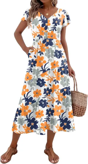 Zeagoo Women's Summer Casual Dress Flutter Short Sleeve V Neck Button Down Tiered Flowy Long Dress with Pockets