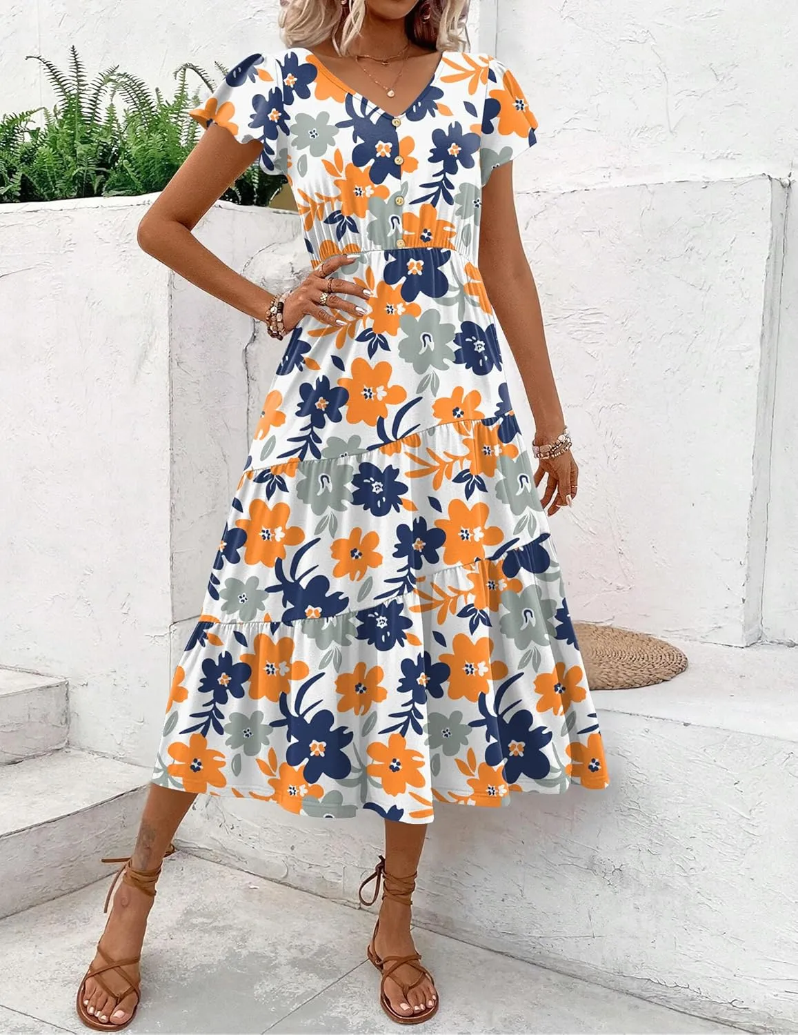 Zeagoo Women's Summer Casual Dress Flutter Short Sleeve V Neck Button Down Tiered Flowy Long Dress with Pockets