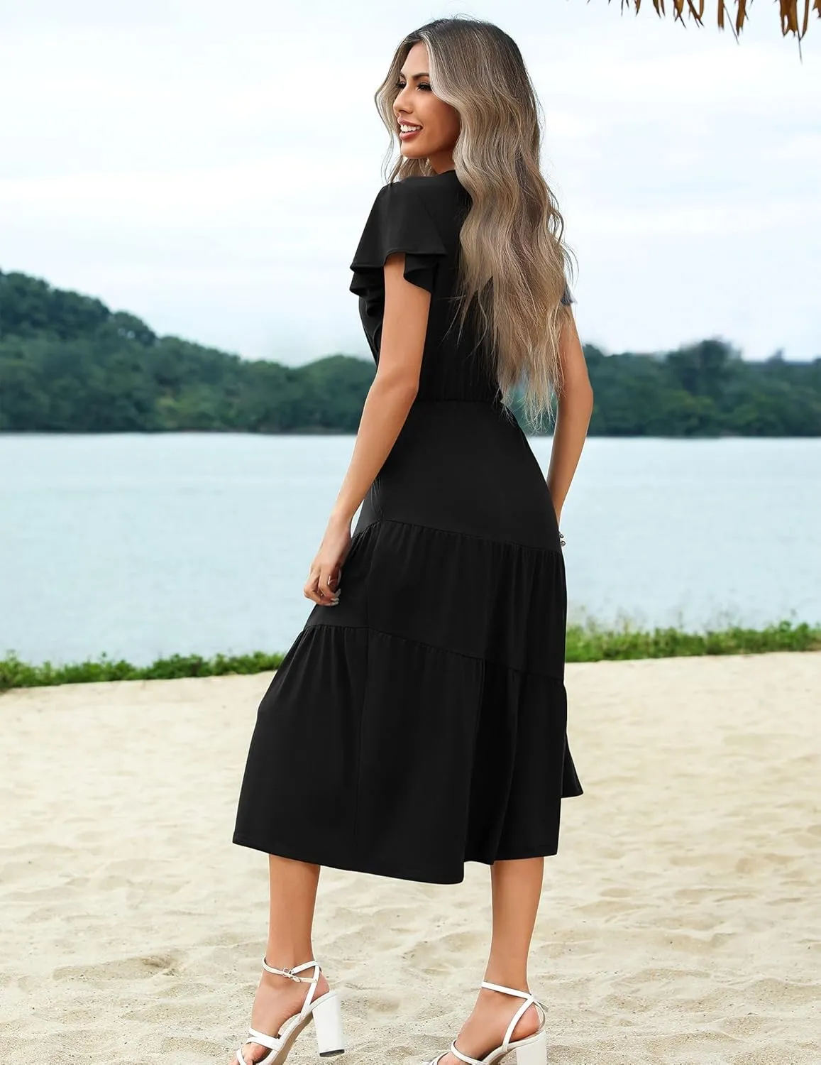 Zeagoo Women's Summer Casual Dress Flutter Short Sleeve V Neck Button Down Tiered Flowy Long Dress with Pockets