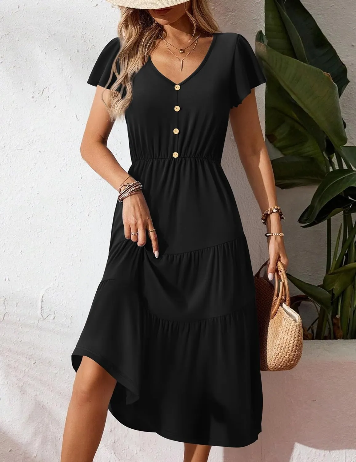 Zeagoo Women's Summer Casual Dress Flutter Short Sleeve V Neck Button Down Tiered Flowy Long Dress with Pockets