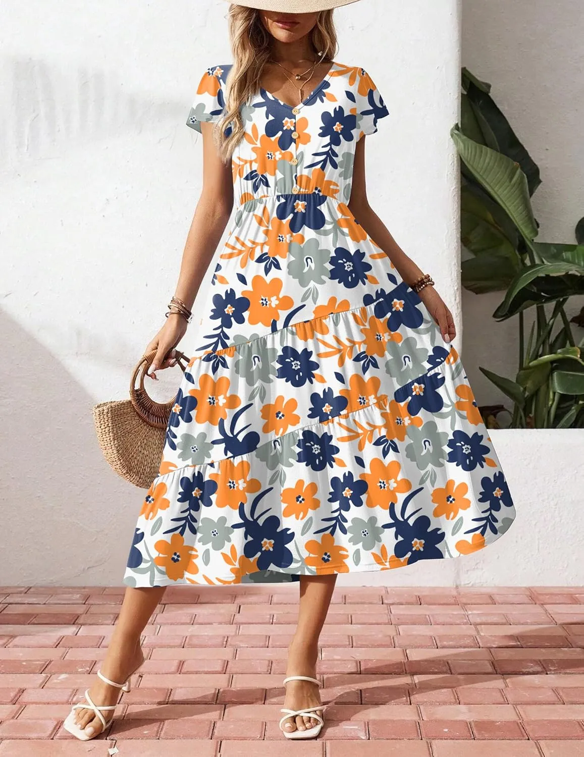 Zeagoo Women's Summer Casual Dress Flutter Short Sleeve V Neck Button Down Tiered Flowy Long Dress with Pockets