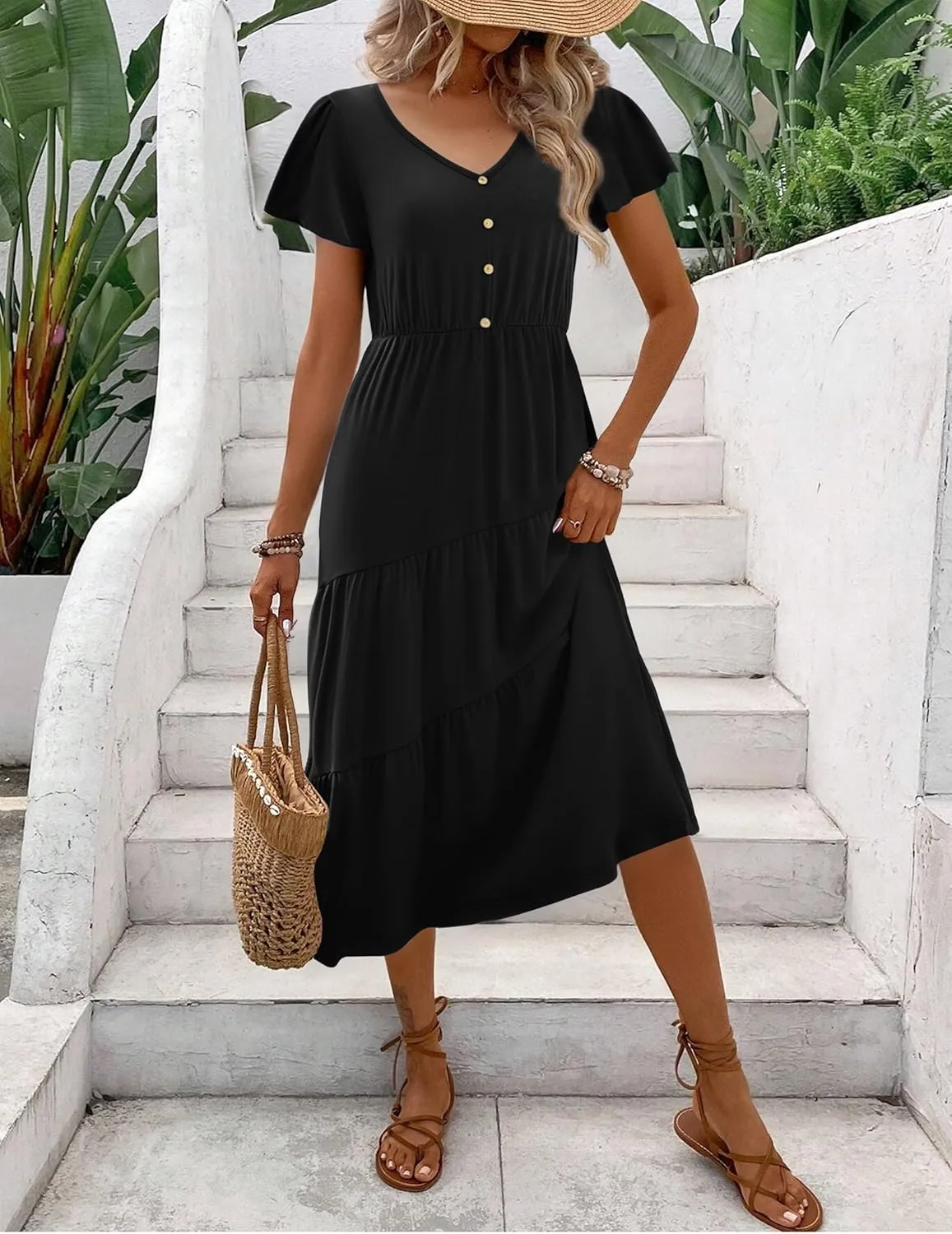 Zeagoo Women's Summer Casual Dress Flutter Short Sleeve V Neck Button Down Tiered Flowy Long Dress with Pockets