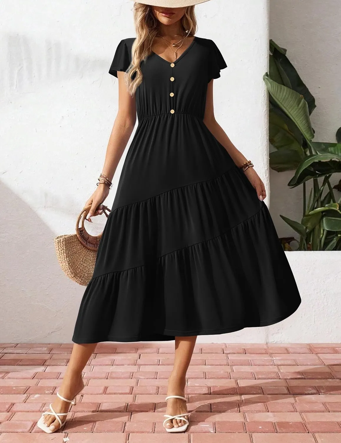 Zeagoo Women's Summer Casual Dress Flutter Short Sleeve V Neck Button Down Tiered Flowy Long Dress with Pockets